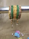 Golden Yellow & Emerald Green Thread Bangles with Pearl & Bell Charm Chain-PRISHAN-2.webp