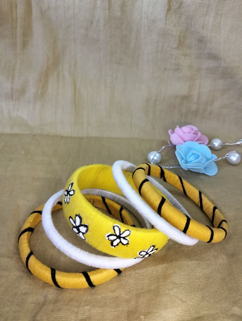 Yellow & Black Daisy Painted Thread Bangle Set - 2.webp