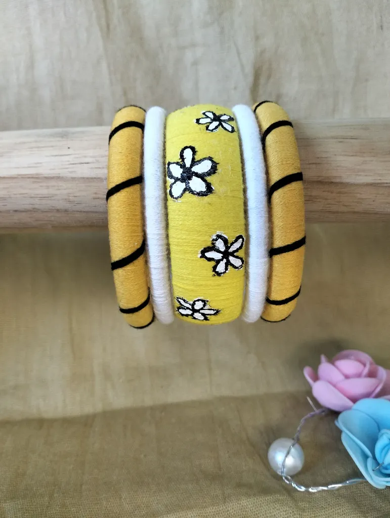 Yellow & Black Daisy Painted Thread Bangle Set  - 1.webp
