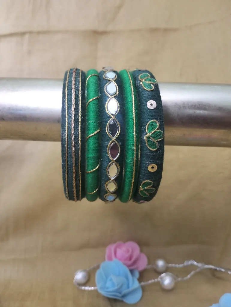 Emerald Green Mirror Work Thread Bangles-PRISHAN-2.webp