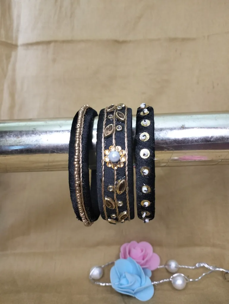 Black Zardozi-Inspired Thread Bangles  Gold Sequin & Kundan Set-PRISHAN-2.webp