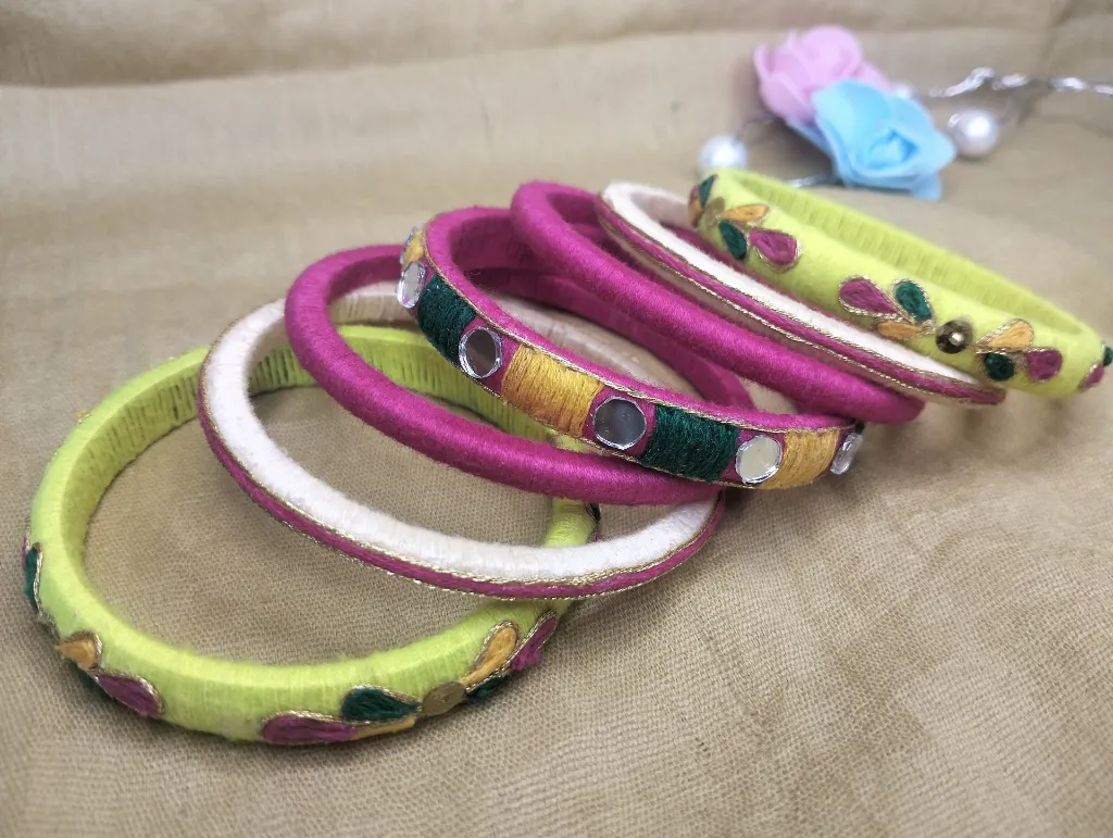 Multicolour Mirror Shisha Thread Bangles  Lime, Pink, Teal & Mustard-PRISHAN -3.webp