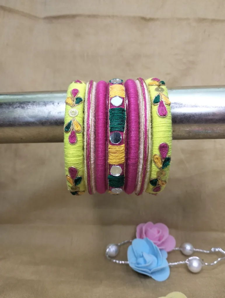 Multicolour Mirror Shisha Thread Bangles  Lime, Pink, Teal & Mustard-PRISHAN -1.webp