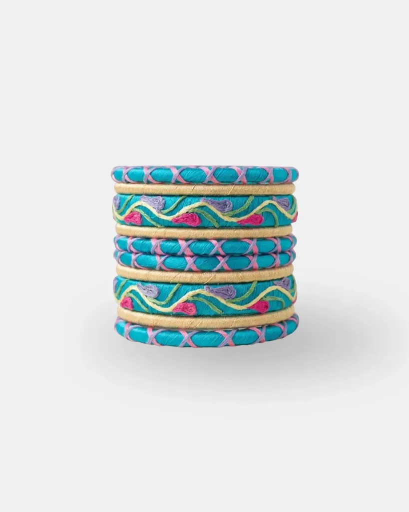 Boho Turquoise & Gold Silk Thread Bangles | Handwoven Wave Pattern Set of 10 - PRISHAN