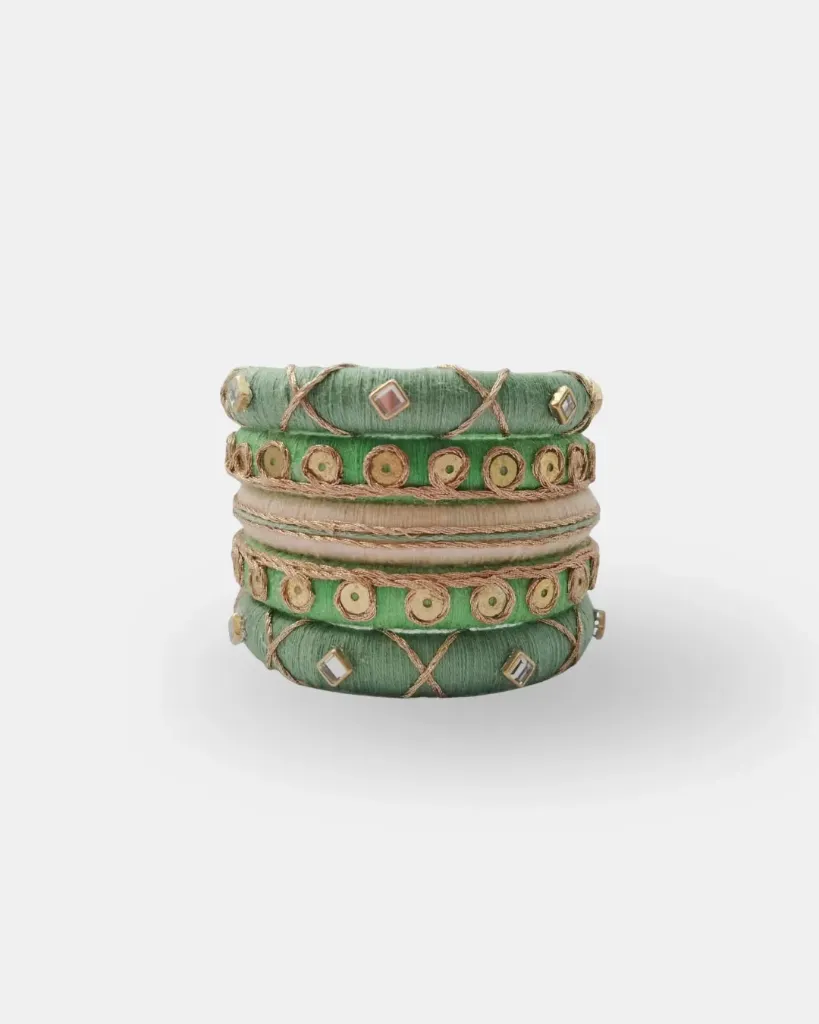 Mint Green & Gold Silk Thread Bangles | Kundan Mirror Work Bangle Set of 5 - Prishan