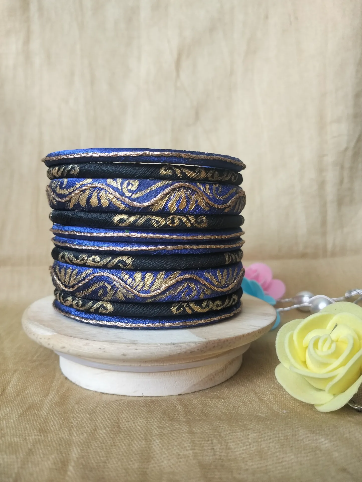 Midnight Blue Handcrafted Thread Bangles with Gold Embroidery