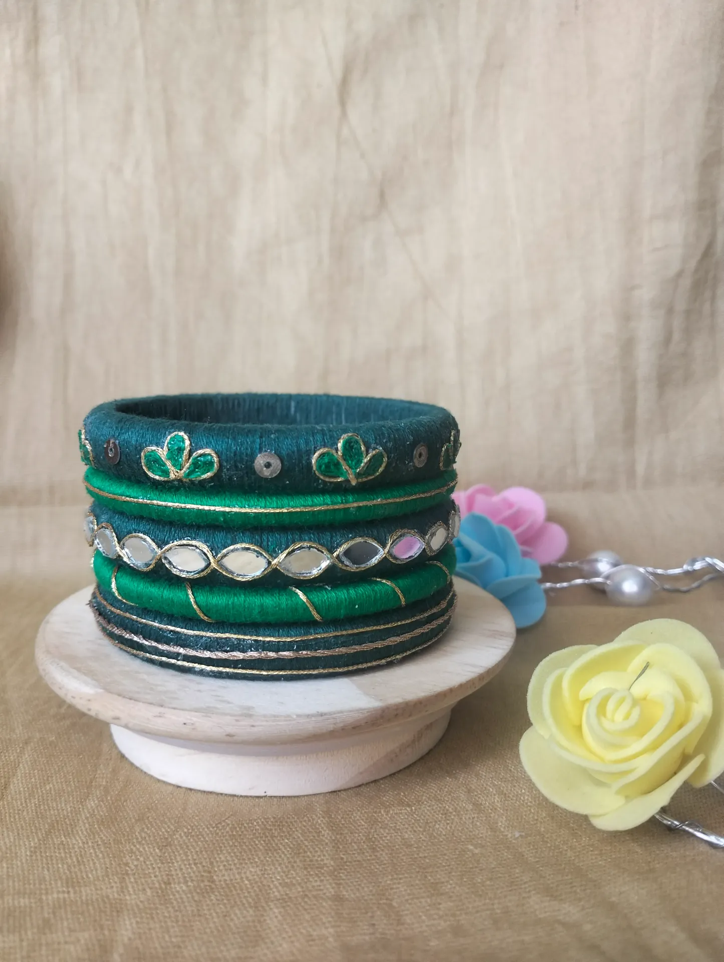 Emerald Green Mirror Work Thread Bangles