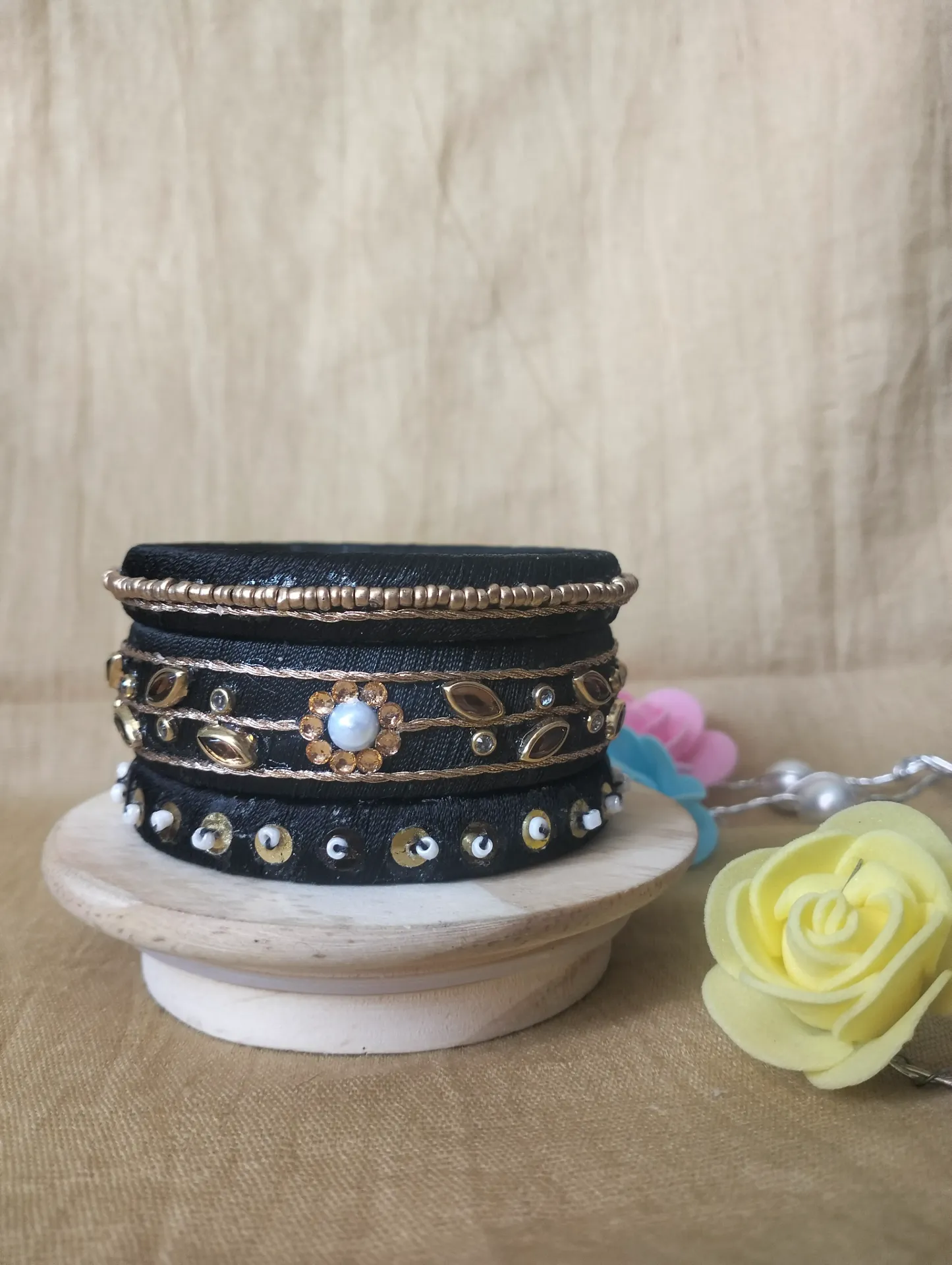 Black Zardozi-Inspired Thread Bangles | Gold Sequin & Kundan Set