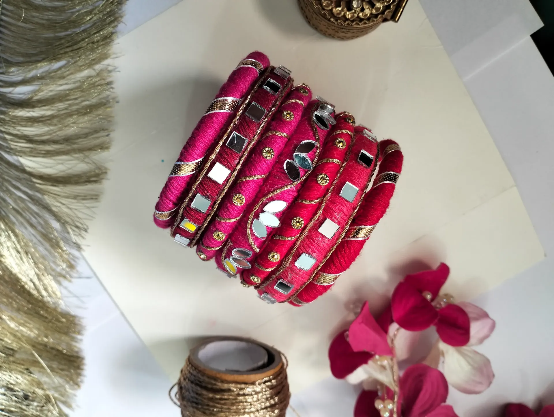 PRISHAN Crimson Mirror Thread Bangles