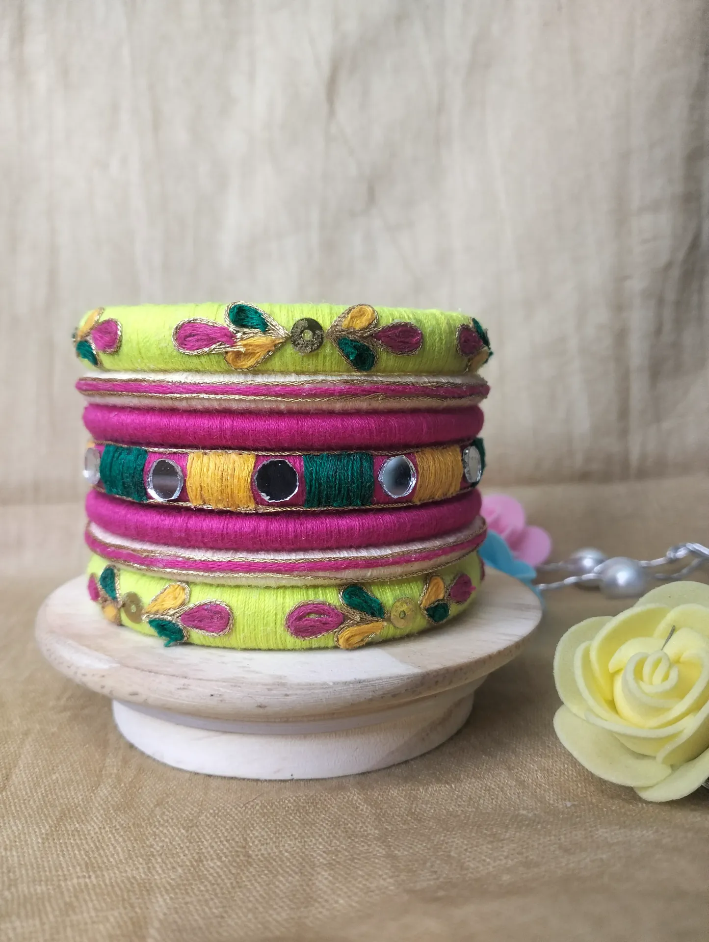 Multicolour Mirror Shisha Thread Bangles | Lime, Pink, Teal & Mustard