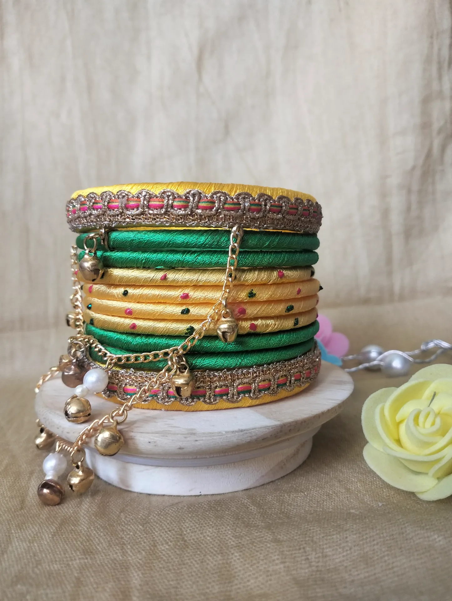 Golden Yellow & Emerald Green Thread Bangles with Pearl & Bell Charm Chain