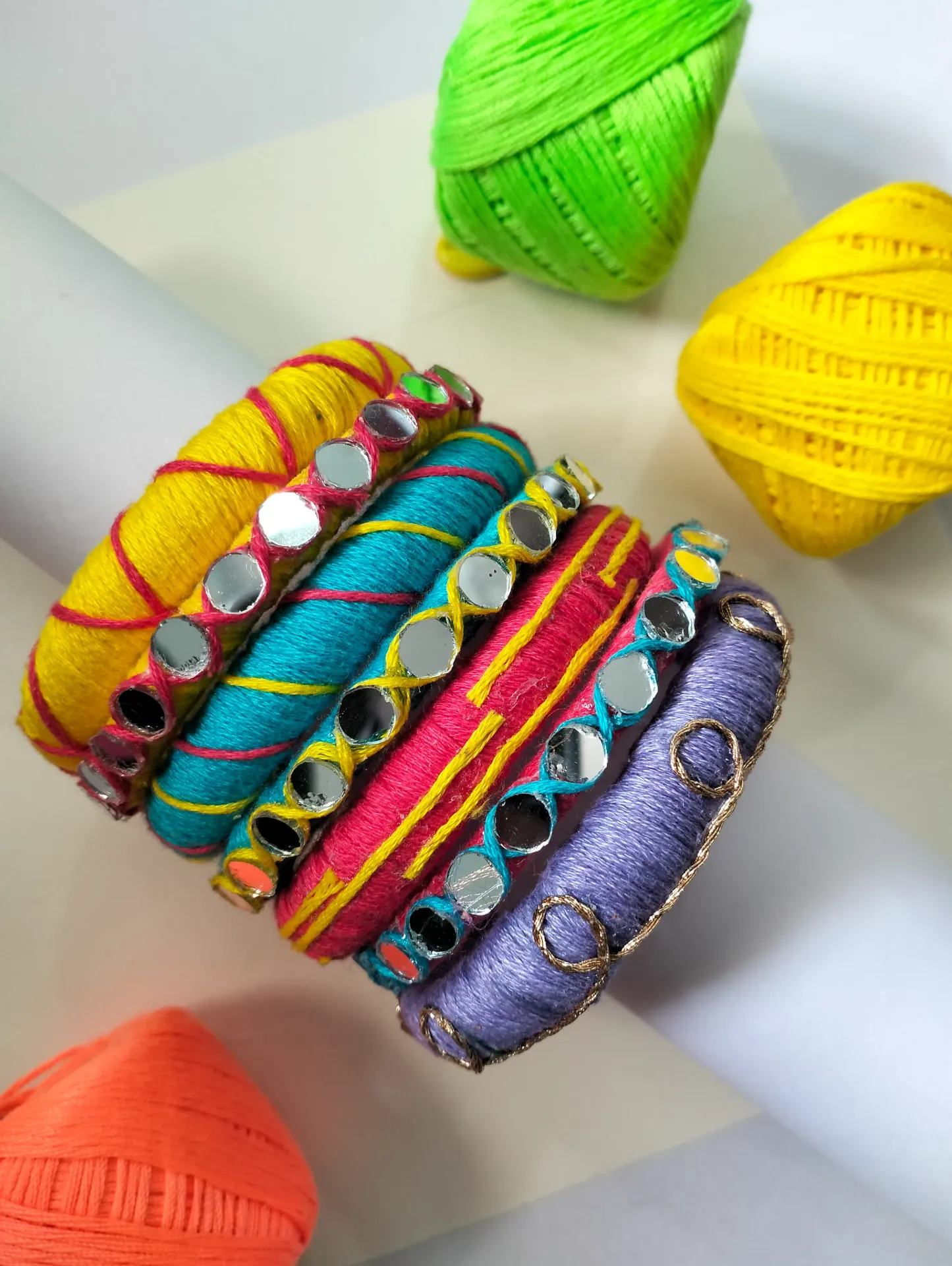 PRISHAN Rainbow Mirror Thread Bangles Set