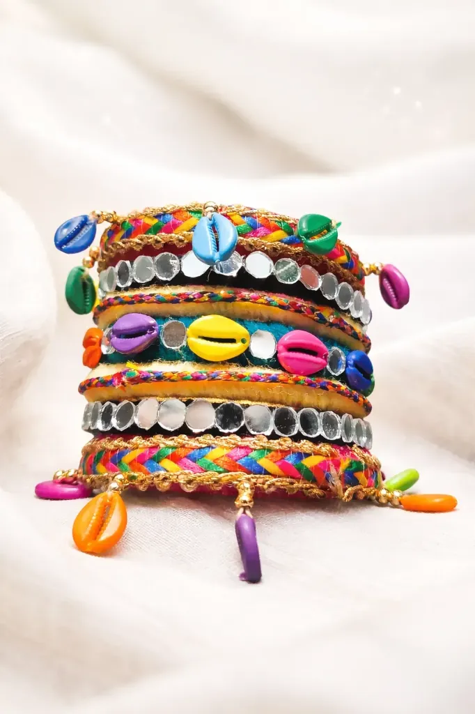 Multicolour Mirror & Cowrie Handmade Thread Bangles – PRISHAN (2.4)