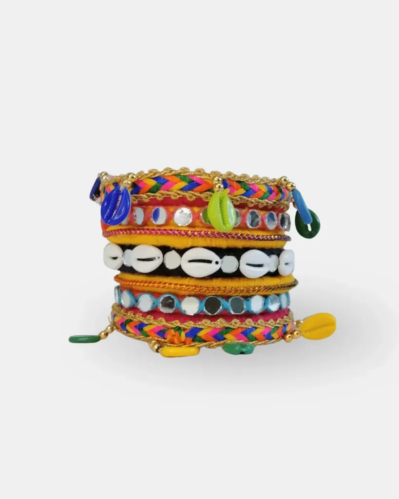 Multicolour Mirror & Cowrie Handmade Thread Bangles – PRISHAN (2.4)