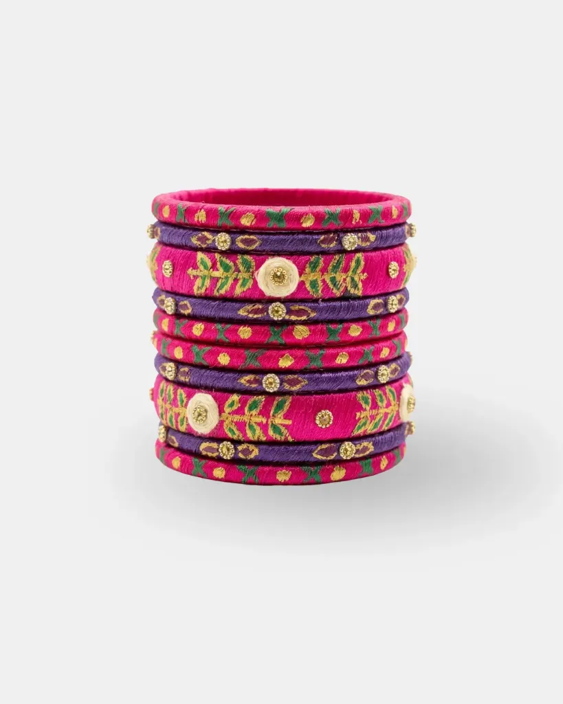 Rajwadi Pink & Purple Silk Thread Bangles | Floral Embroidered Set of 10 - PRISHAN